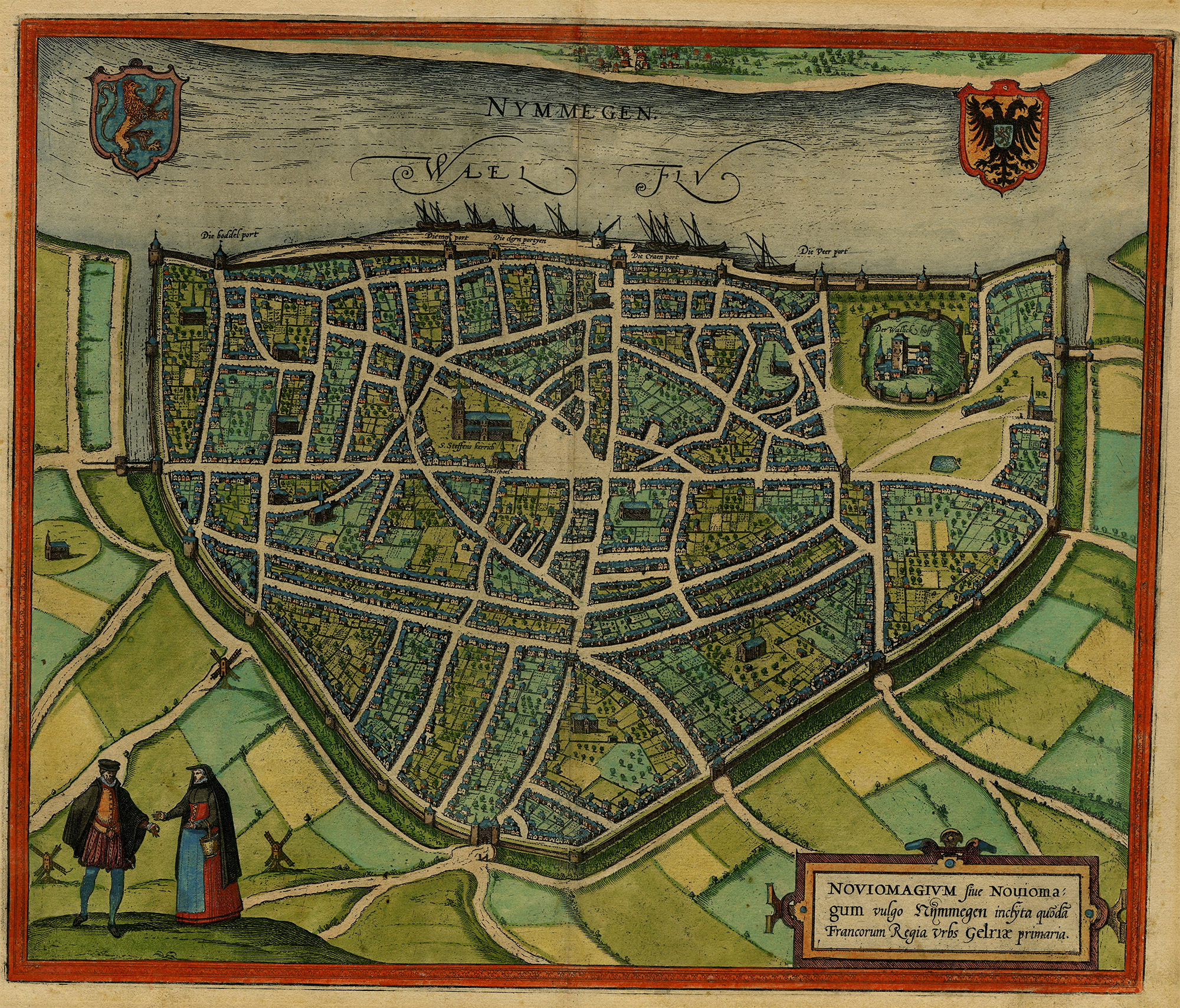 , Antique Map-NIJMEGEN-CITY-PLAN-OLD-COLORING-GERMAN-Hogenberg-Braun-1581, Pictura Antique Prints