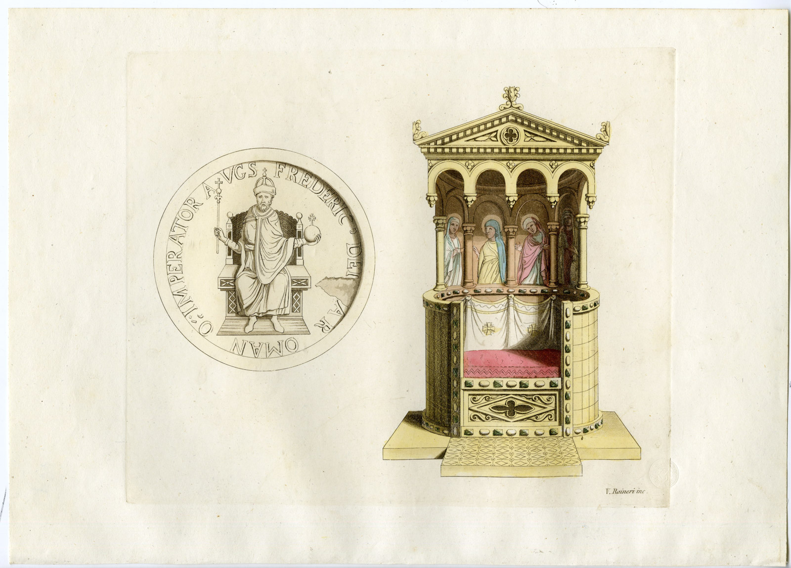 , Antique Print-THRONE-OTTONE I-FEDERICO BARBAROSSA-PL.10-Raineri-Ferrario-1823, Pictura Antique Prints