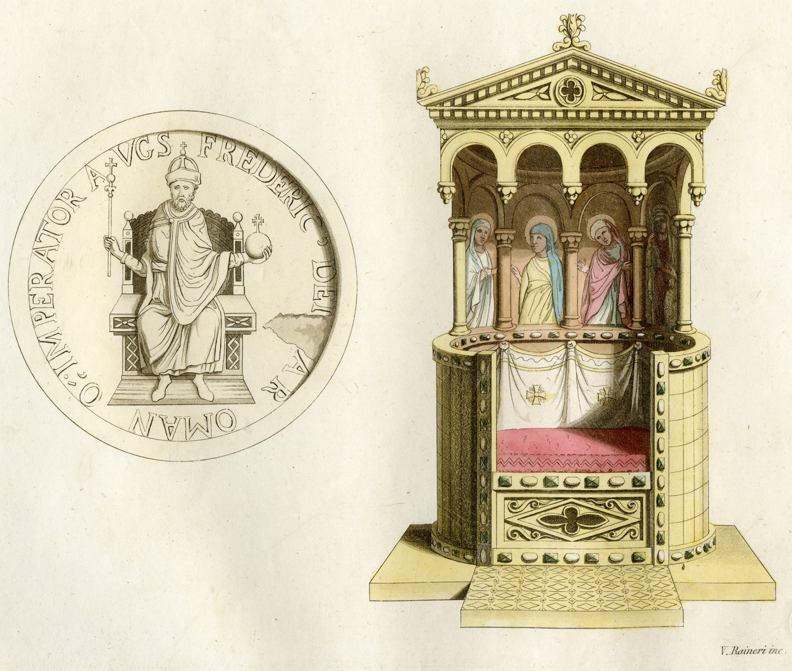 , Antique Print-THRONE-OTTONE I-FEDERICO BARBAROSSA-PL.10-Raineri-Ferrario-1823, Pictura Antique Prints