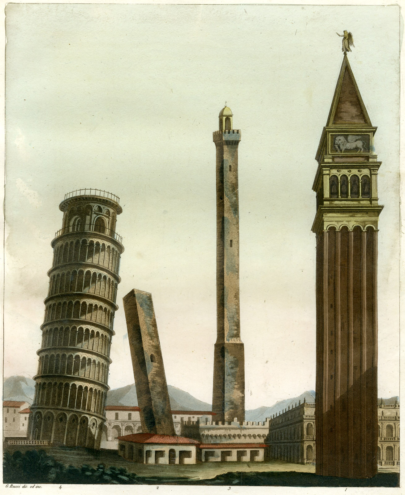 , Antique Print-TOWER PISA-GARISENDA-ASINELLI-ST. MARK-PL.12-Bussi-Ferrario-1823, Pictura Antique Prints