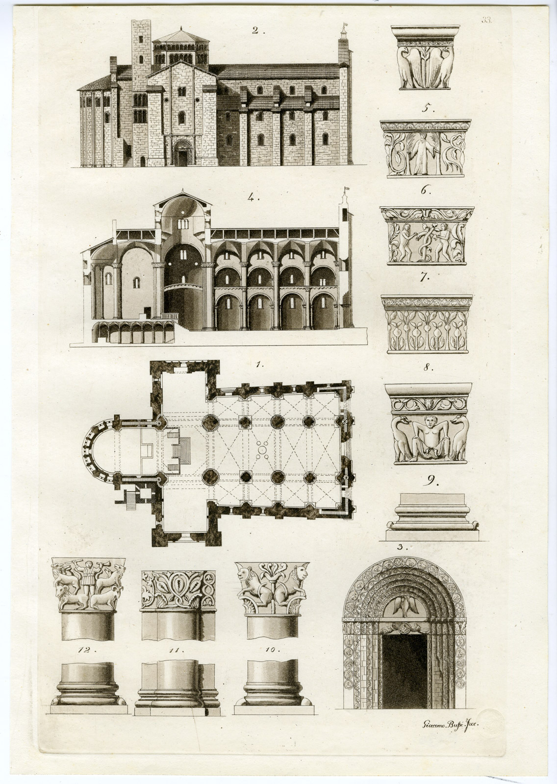 , Antique Print-PAVIA-FLOOR PLAN-SAN MICHELE CHURCH-ITALY-P.33-Bufsi-Ferrario-1823, Pictura Antique Prints