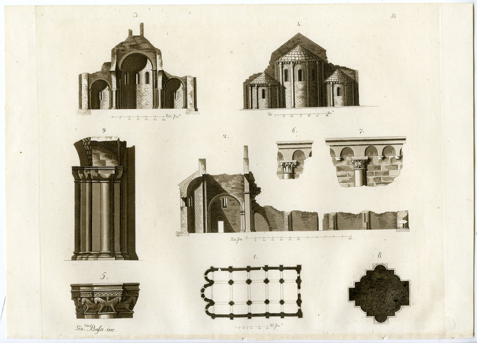 , Antique Print-SANTA GIULIA- BERGAMO-PLAN-CHURCH-ITALY-PL.35-Bufsi-Ferrario-1823, Pictura Antique Prints