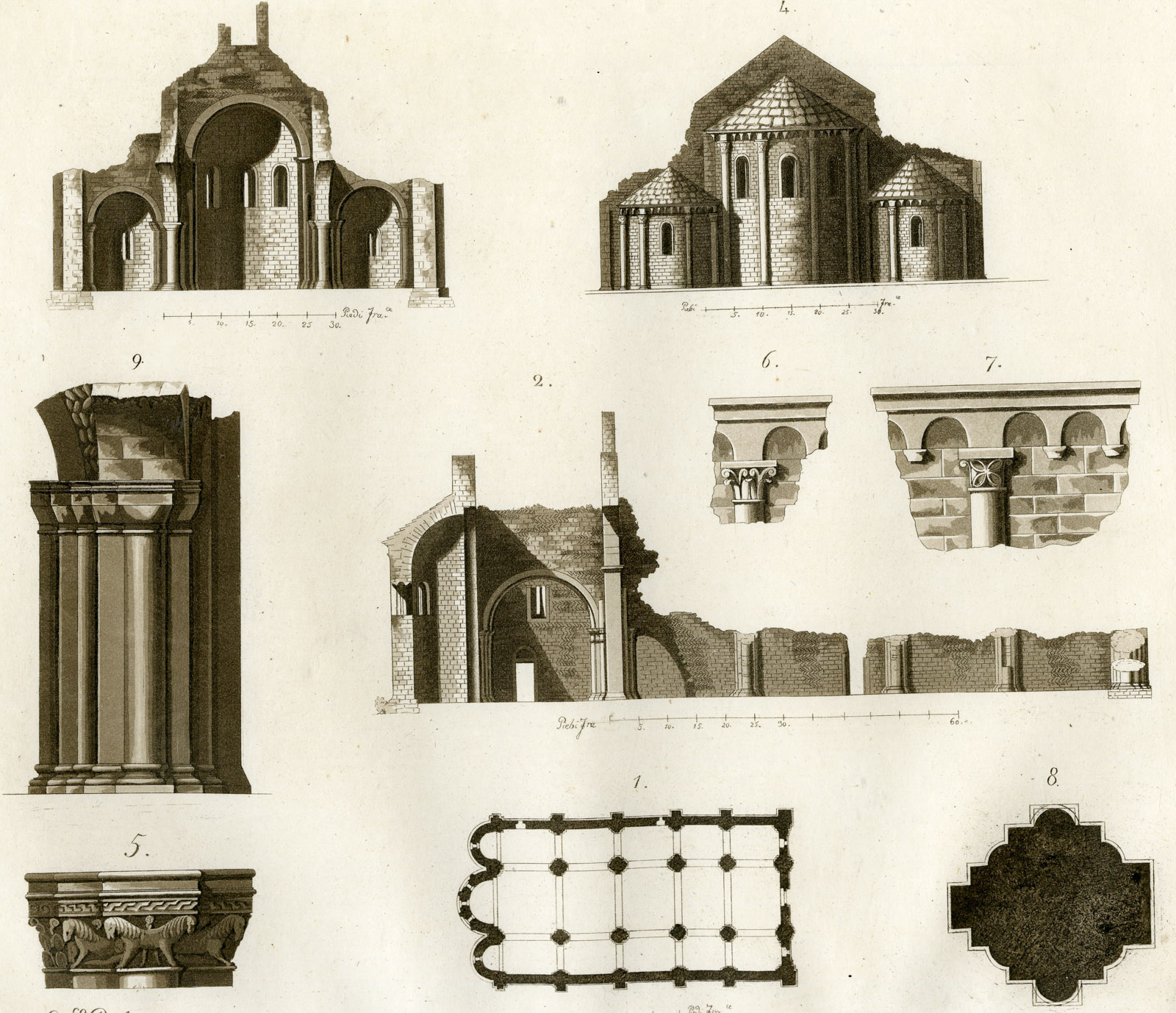, Antique Print-SANTA GIULIA- BERGAMO-PLAN-CHURCH-ITALY-PL.35-Bufsi-Ferrario-1823, Pictura Antique Prints