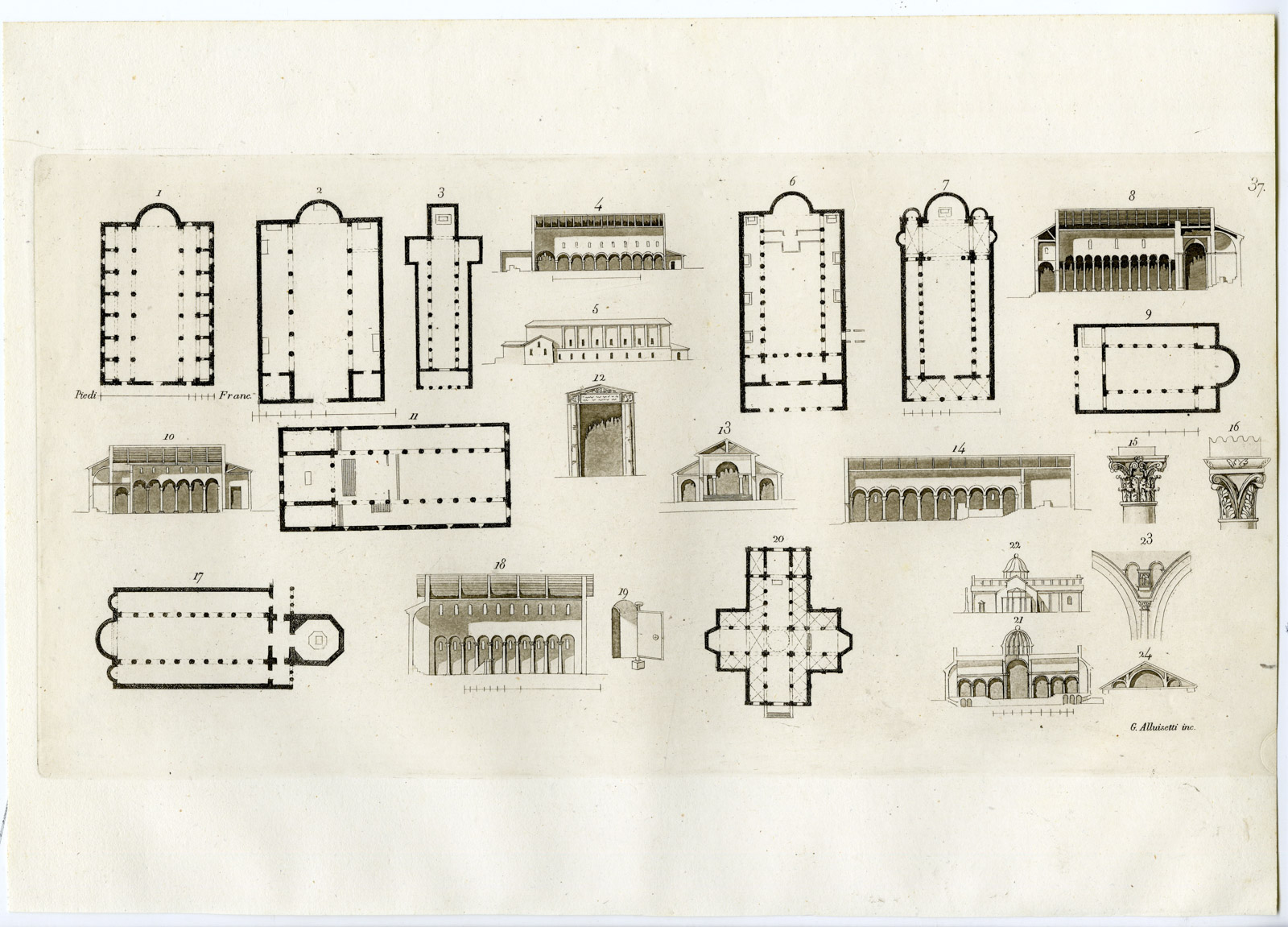 , Antique Print-FLORENCE-ROME-CHURCH PLANS-ITALY-PL.37-Alluisetti -Ferrario-1823, Pictura Antique Prints