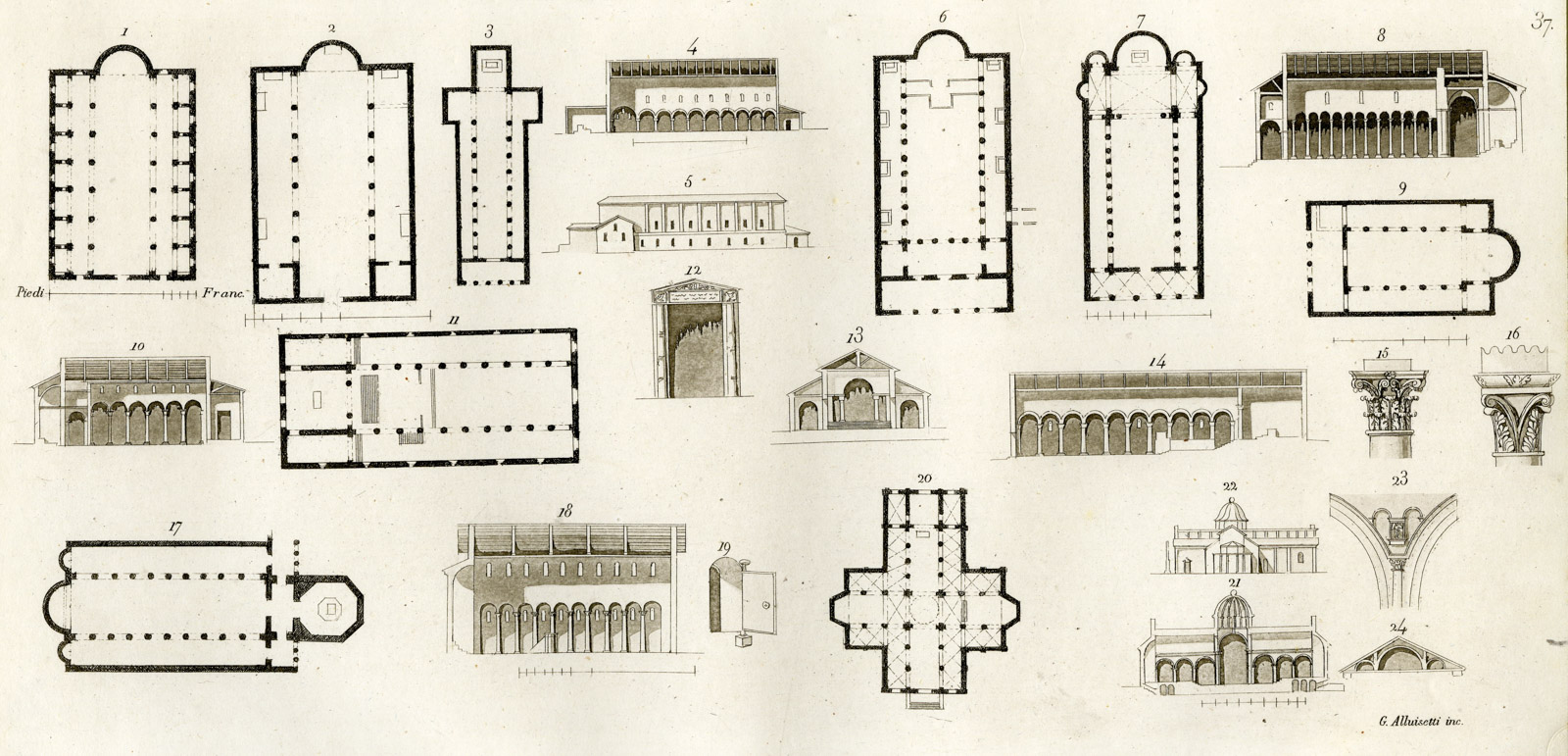 , Antique Print-FLORENCE-ROME-CHURCH PLANS-ITALY-PL.37-Alluisetti -Ferrario-1823, Pictura Antique Prints