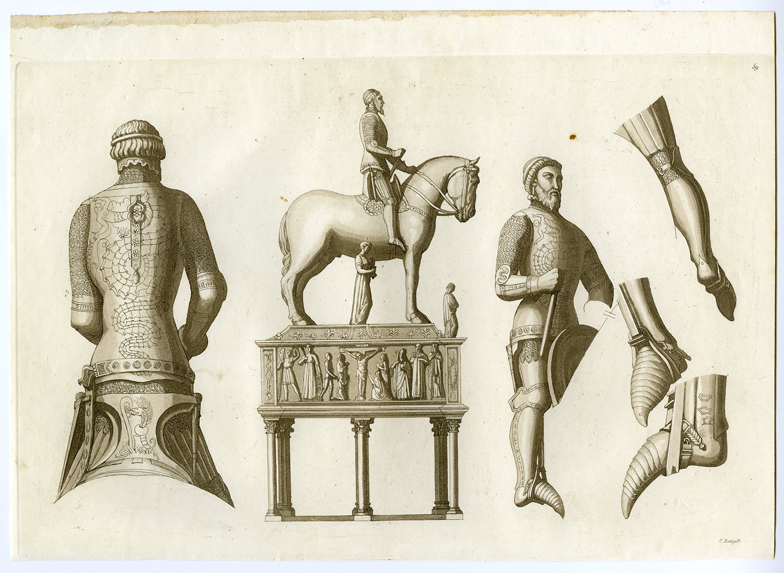 , Antique Print-EQUASTRIAN-STATUE-BERNADO-VISCONTI-PL. 59-Bottigella-Ferrario-1823, Pictura Antique Prints