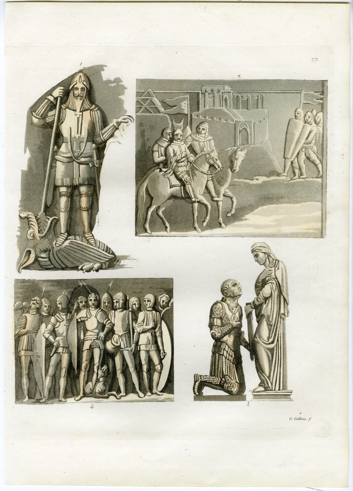 , Antique Print-ARMOR-MONUMENTS-KNIGHTS-ITALY-PL. 77-Gallina-Ferrario-1823, Pictura Antique Prints