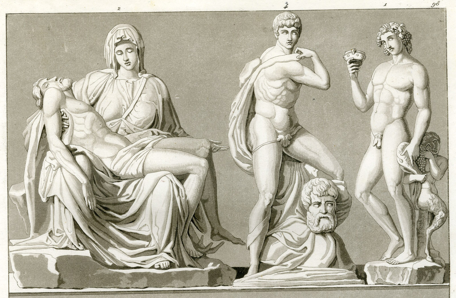 , Antique Print-PIETA-BACCHUS-MOSES-MICHELANGELO-ITALY-PL.98-Raineri-Ferrario-1823, Pictura Antique Prints