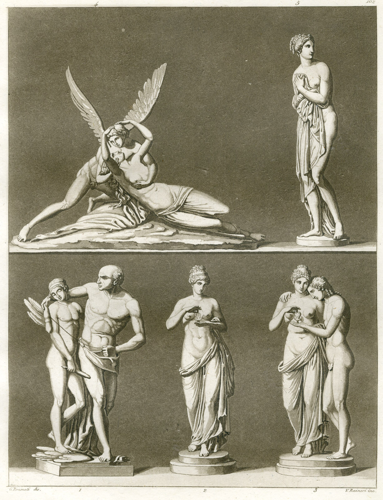, Antique Print-ANTONIO-CANOVA-PYSCHE-CUPID-ITALY-PL. 102-Bramati-Ferrario-1823, Pictura Antique Prints