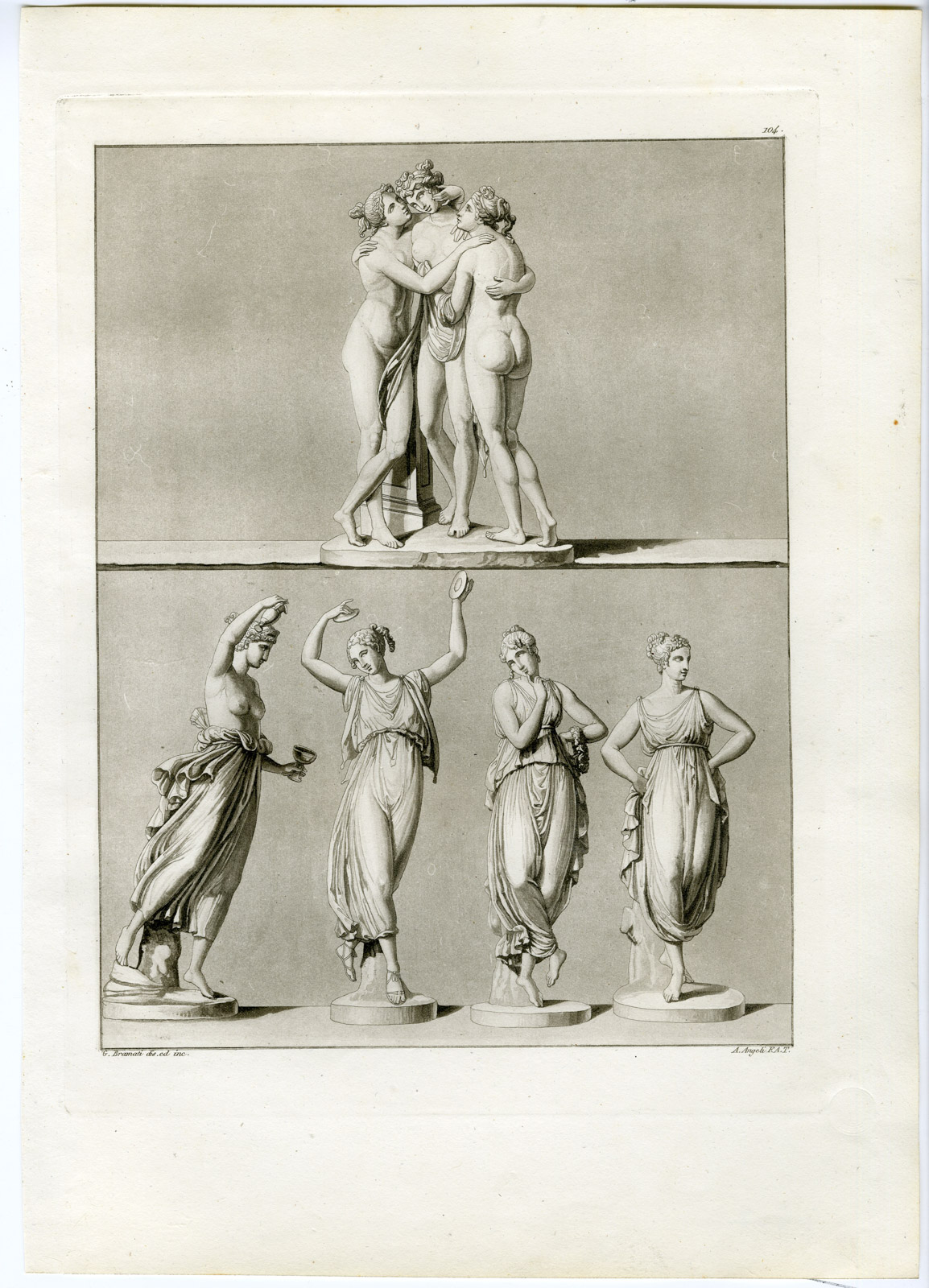 , Antique Print-ANTONIO CANOVA-DANCERS -THREE GRACES-PL. 104-Bramati-Ferrario-1823, Pictura Antique Prints