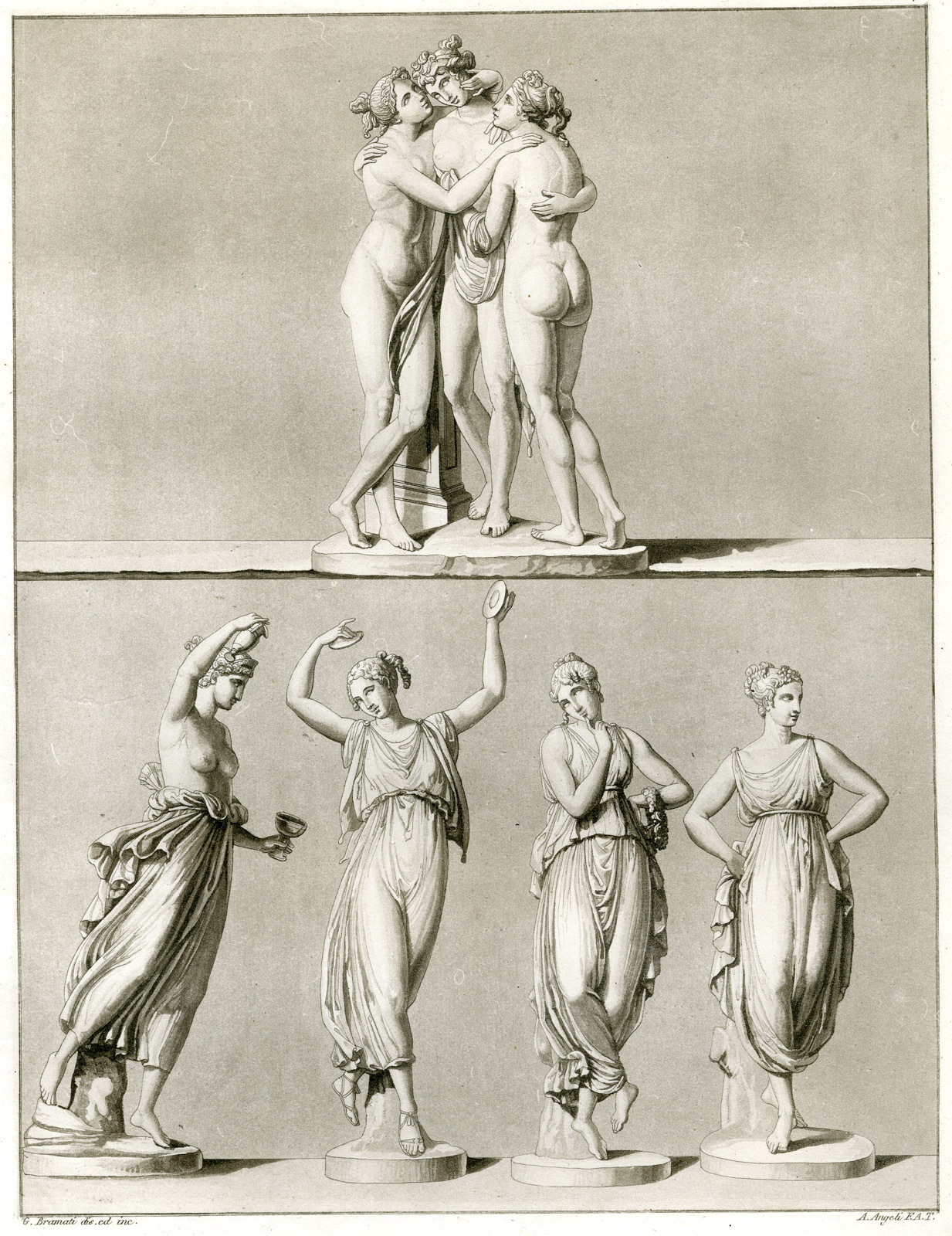 , Antique Print-ANTONIO CANOVA-DANCERS -THREE GRACES-PL. 104-Bramati-Ferrario-1823, Pictura Antique Prints