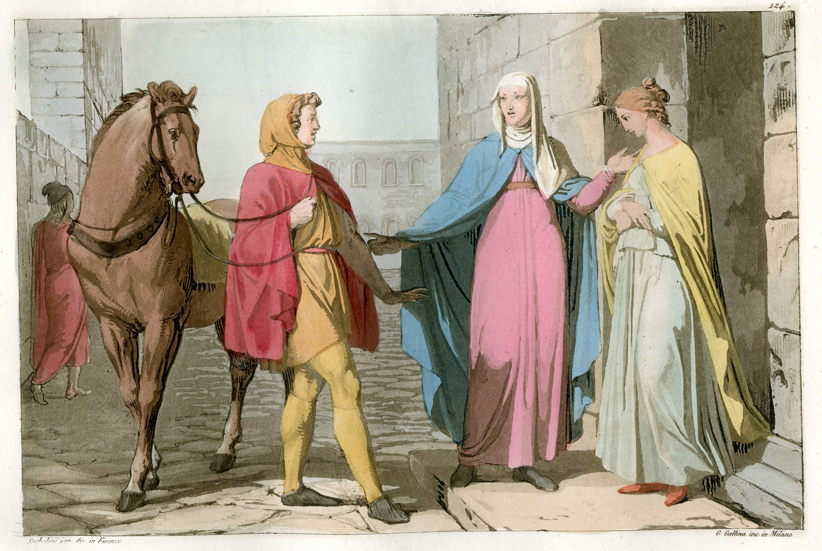 , Antique Print-CLOTHES-13TH.C.-MIDDLE AGES-HORSE-ITALY-124-Gallina-Ferrario-1823, Pictura Antique Prints