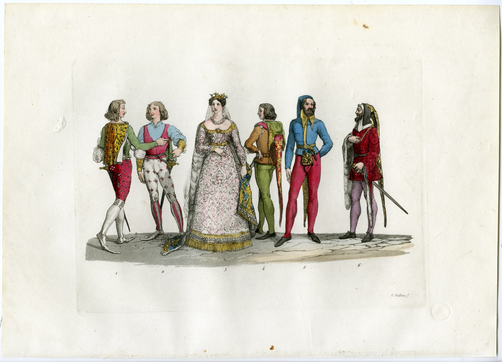 , Antique Print-CLOTHES-MIDDLE AGES-ITALY-PL.125-Gallina-Ferrario-1823, Pictura Antique Prints