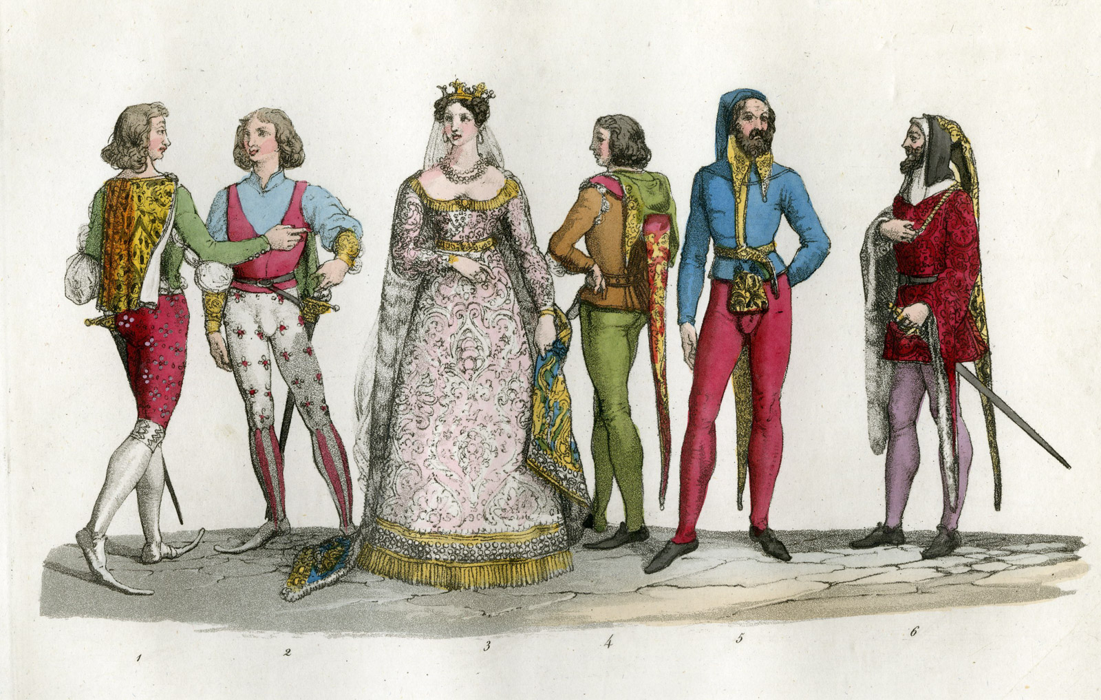 , Antique Print-CLOTHES-MIDDLE AGES-ITALY-PL.125-Gallina-Ferrario-1823, Pictura Antique Prints