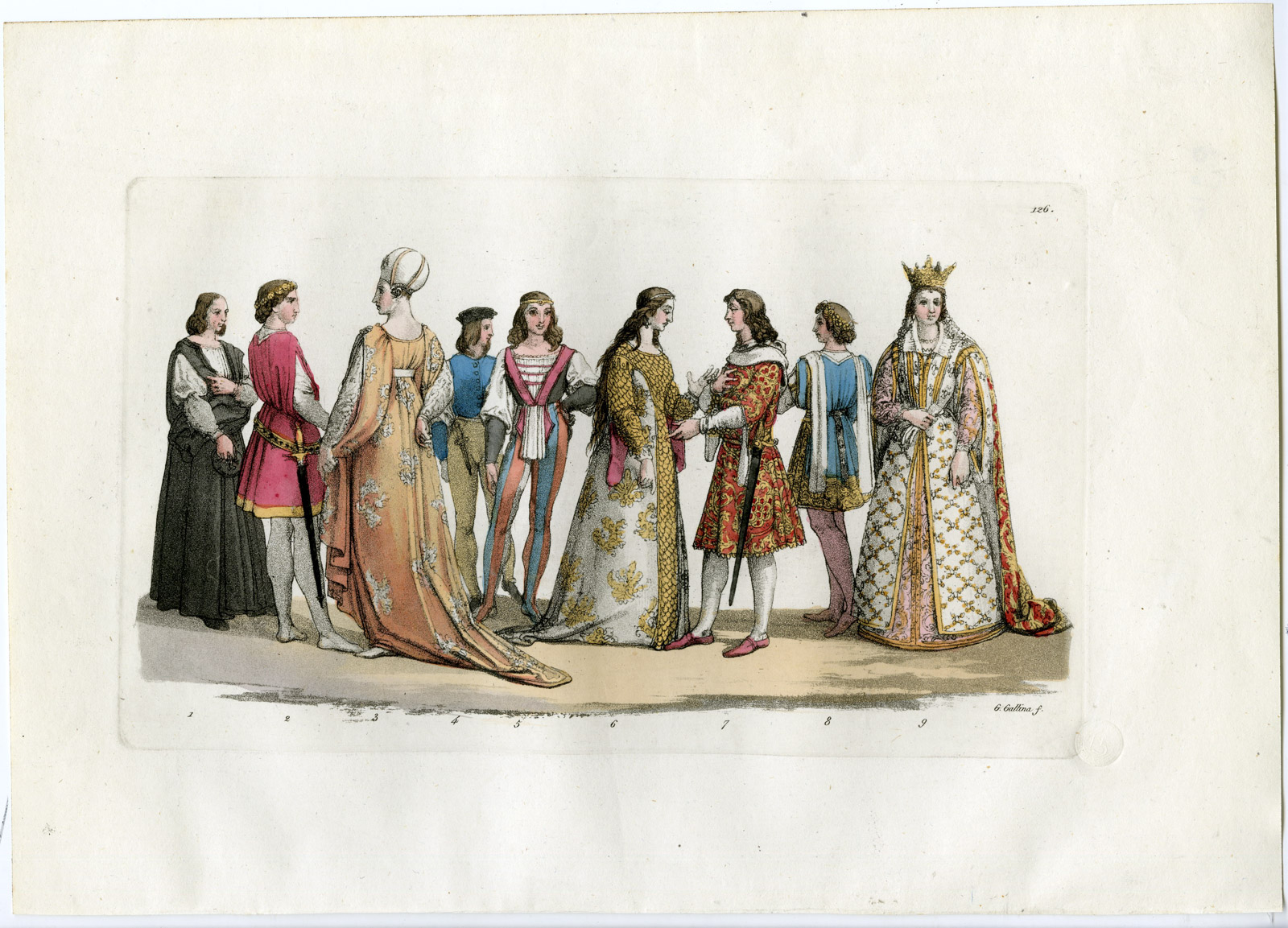 , Antique Print-CLOTHES-MIDDLE AGES-ITALY-PL.126-Gallina-Ferrario-1823, Pictura Antique Prints