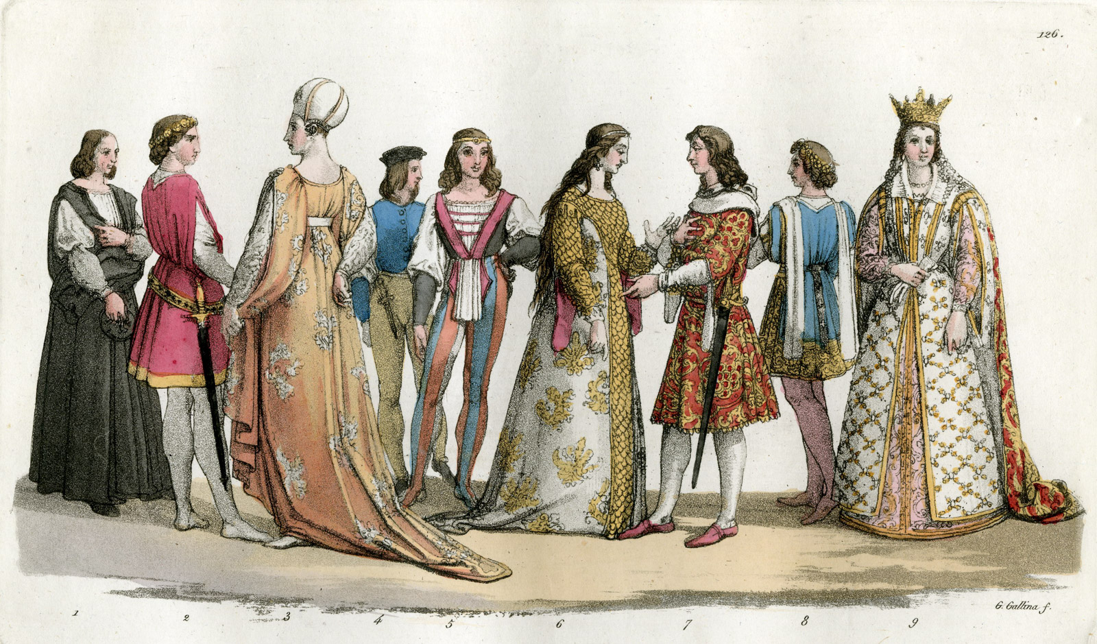, Antique Print-CLOTHES-MIDDLE AGES-ITALY-PL.126-Gallina-Ferrario-1823, Pictura Antique Prints
