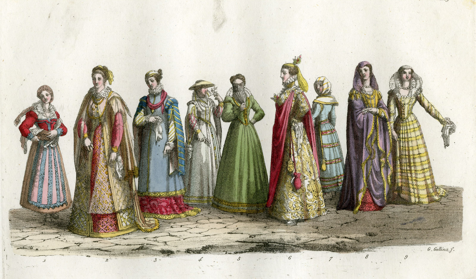 , Antique Print-CLOTHES-MANTUA-GENOA-FLORENCE-ITALY-PL.129-Gallina-Ferrario-1823, Pictura Antique Prints