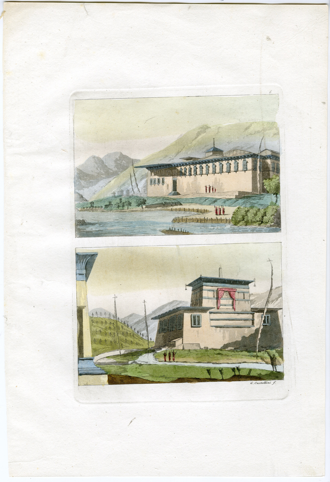 , Antique Print-BHUTAN-TASHICHHO-DZONG-Castellini-Ferrario-1818, Pictura Antique Prints