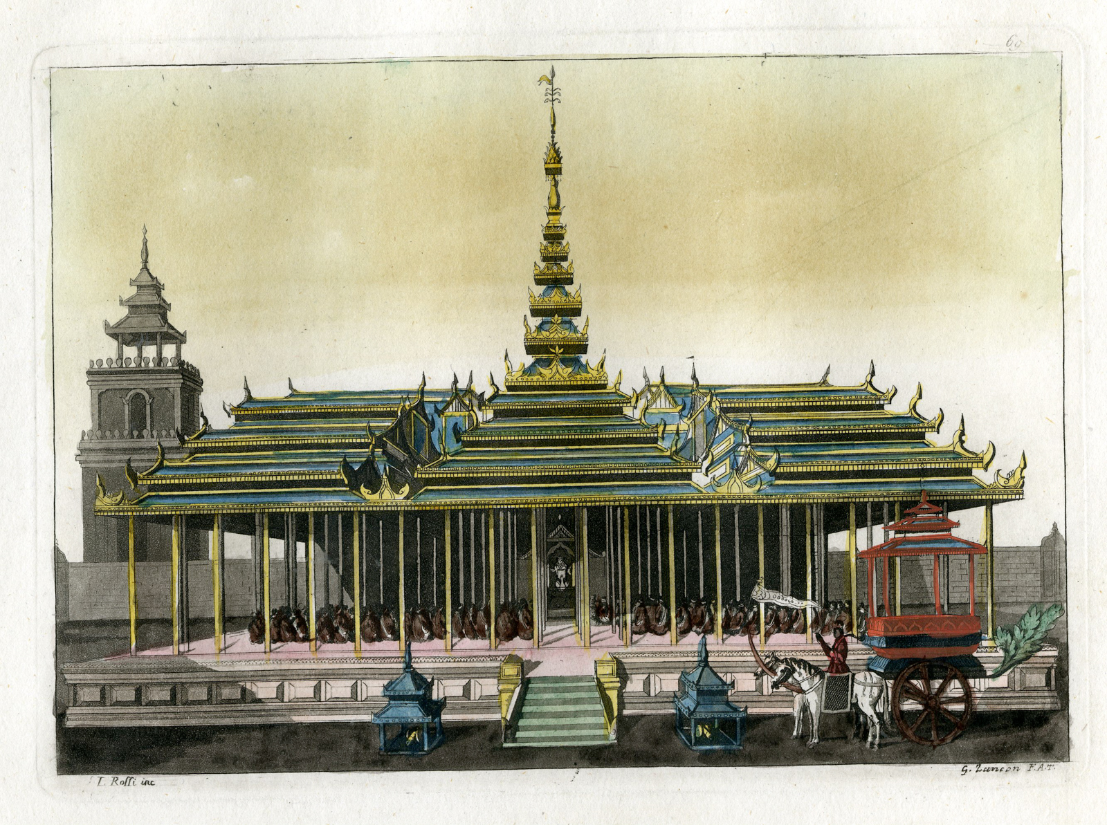 , Antique Print-TEMPLE-BURMA-MYANMAR-COURTROOM-Rossi-Zancon-Ferrario-c.1827, Pictura Antique Prints