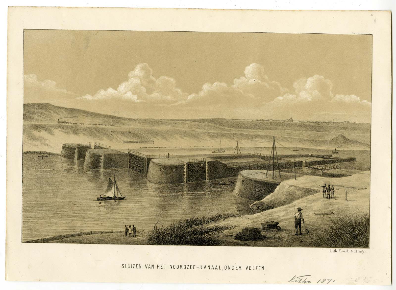 , Antique Print-VELSEN-VELZEN-NOORDZEEKANAAL-SLUICE-NETHERLANDS-Emrik&Binger-1871, Pictura Antique Prints