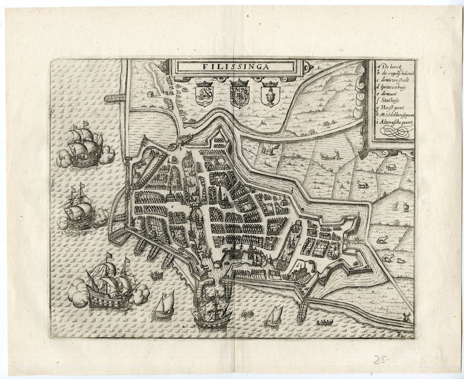 , Antique Map-VLISSINGEN-FORTIFICATION-ZEELAND-SHIP-Guicciardini-c. 1600, Pictura Antique Prints