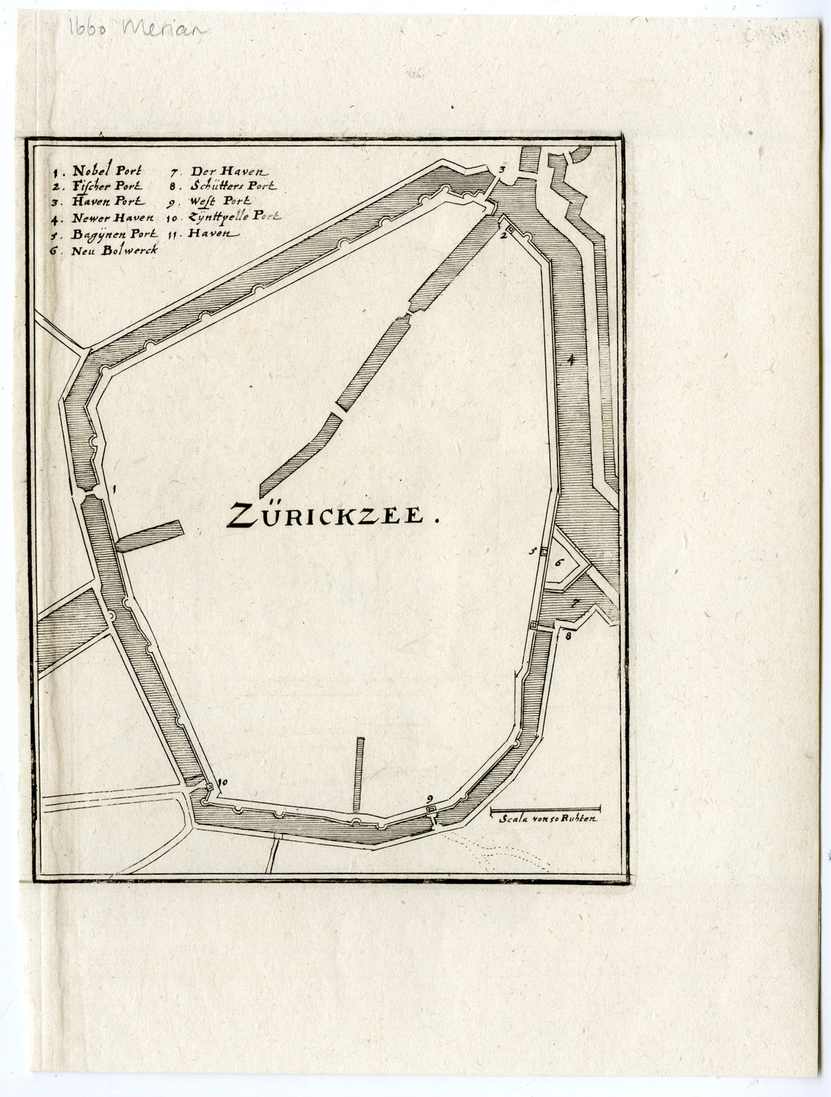 , Antique Map-ZIERIKZEE-PLAN-FORTIFICATION-NETHERLANDS-Merian-1660, Pictura Antique Prints