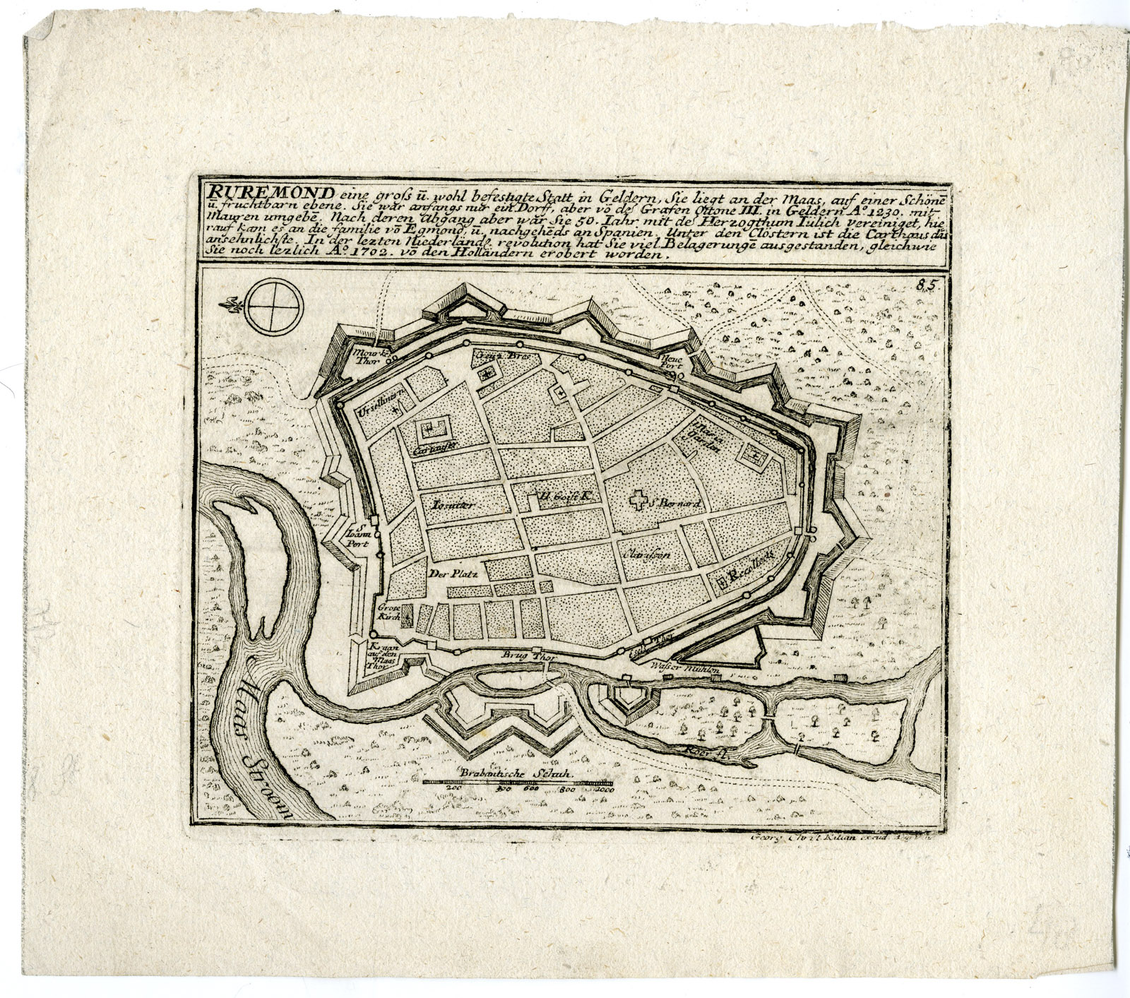 , Antique Map-ROERMOND-PLAN-FORTIFICATION-LIMBURG-NETHERLANDS-Bodenehr-c. 1720, Pictura Antique Prints