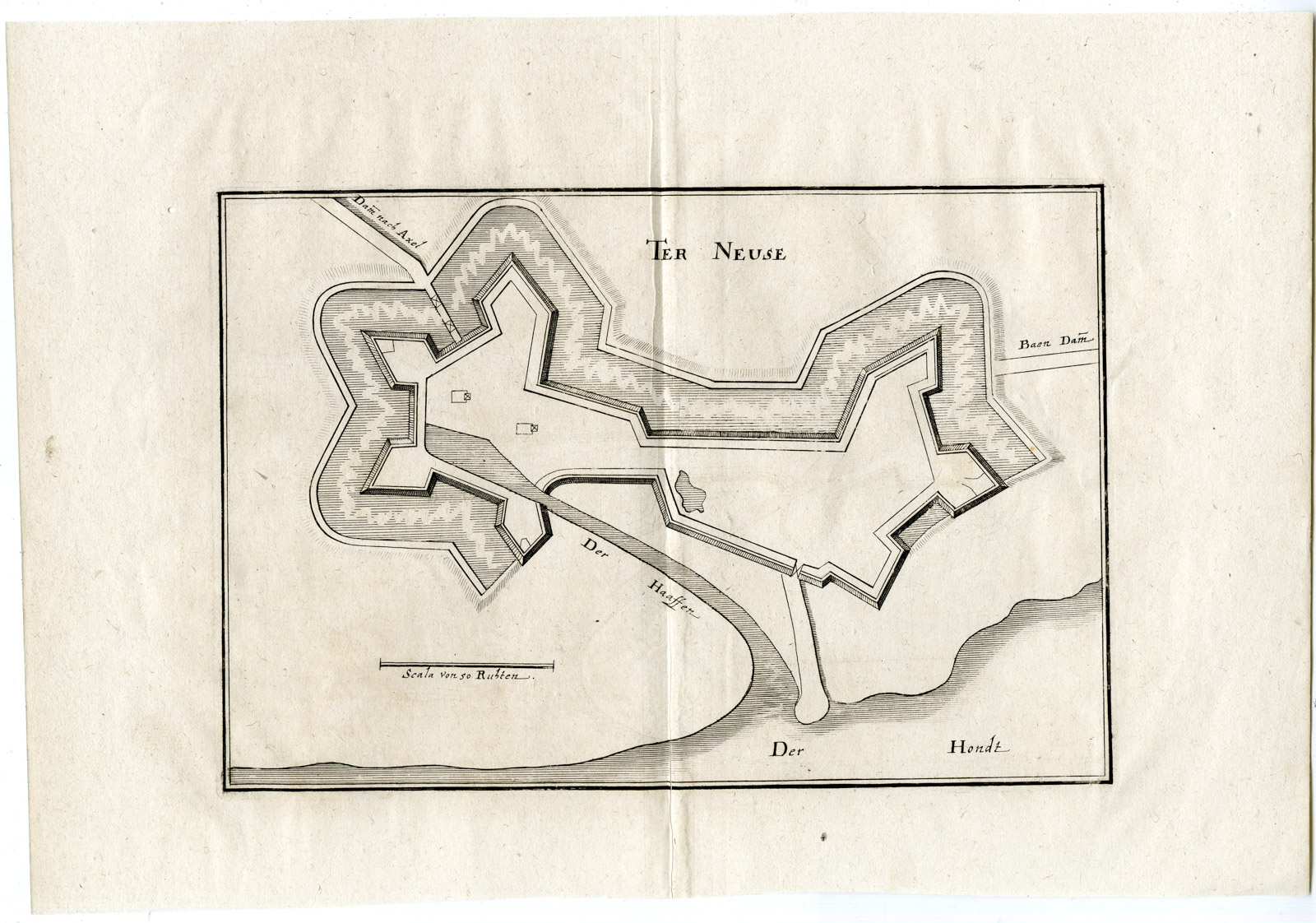 , Antique Map-TERNEUZEN-PLAN-FORTIFICATION-ZEELAND-NETHERLANDS-Merian-1660, Pictura Antique Prints