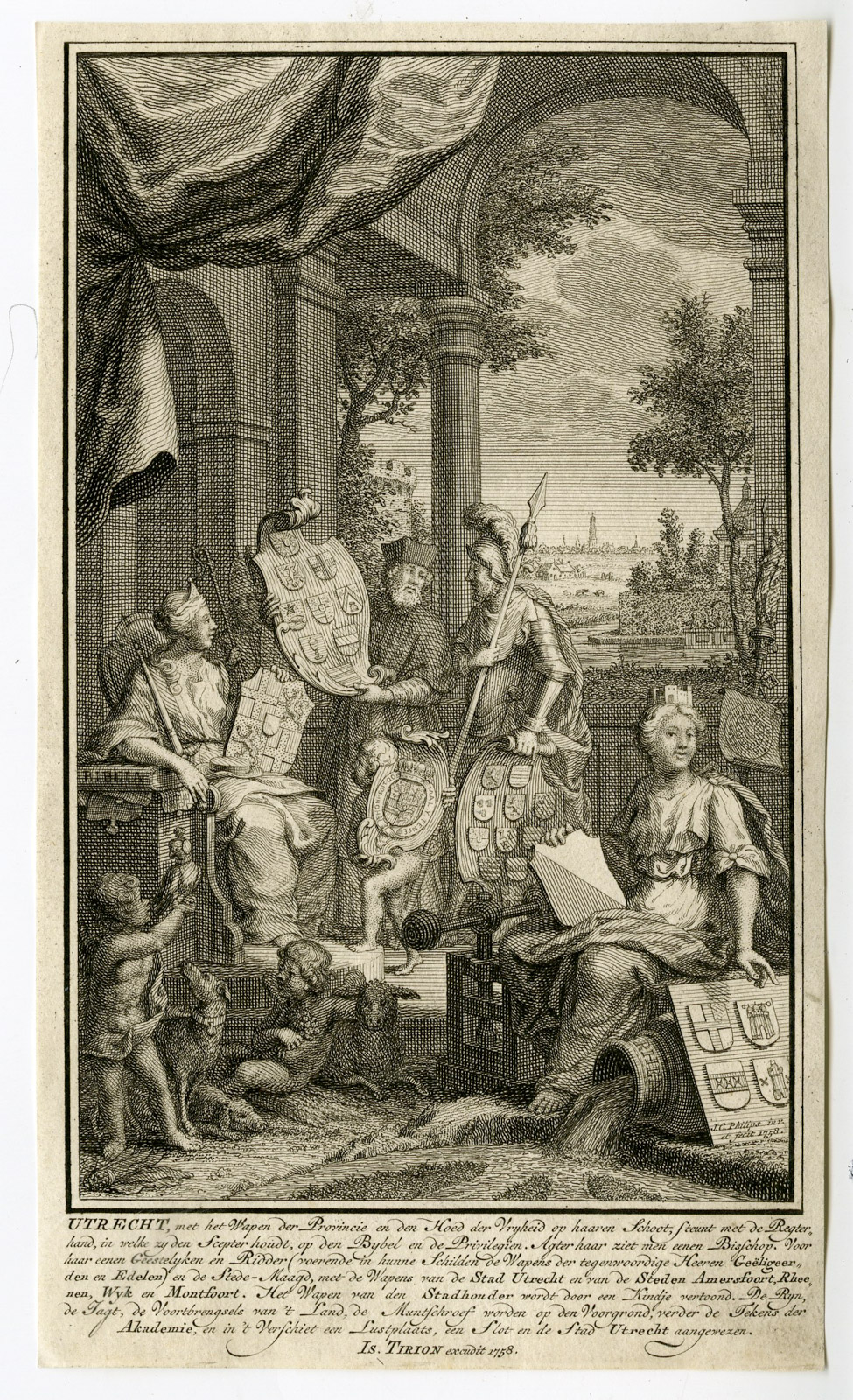 , Antique Print-UTRECHT-FRONTISPIECE-STEDEMAAGD-COAT OF ARMS-Philips-Tirion-1758, Pictura Antique Prints