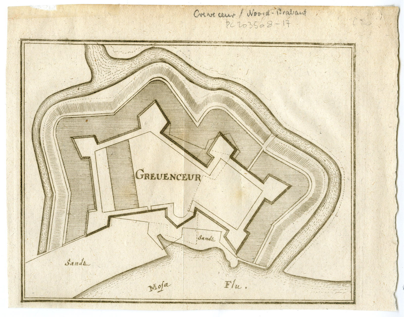 , Antique Map-FORT CREVECOEUR-FORTRESS-GREVENCEUR-NETHERLANDS-Merian-1660, Pictura Antique Prints