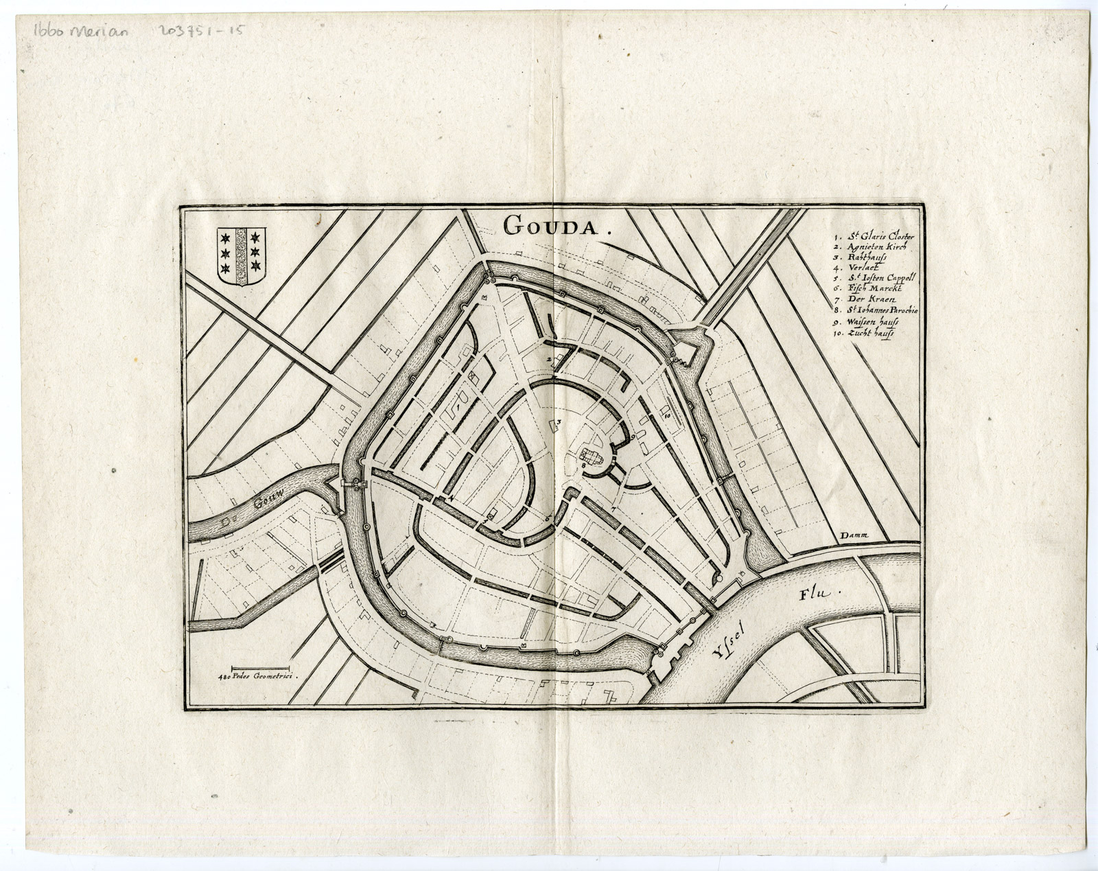 , Antique Map-GOUDA-PLAN-NETHERLANDS-Merian-1660, Pictura Antique Prints