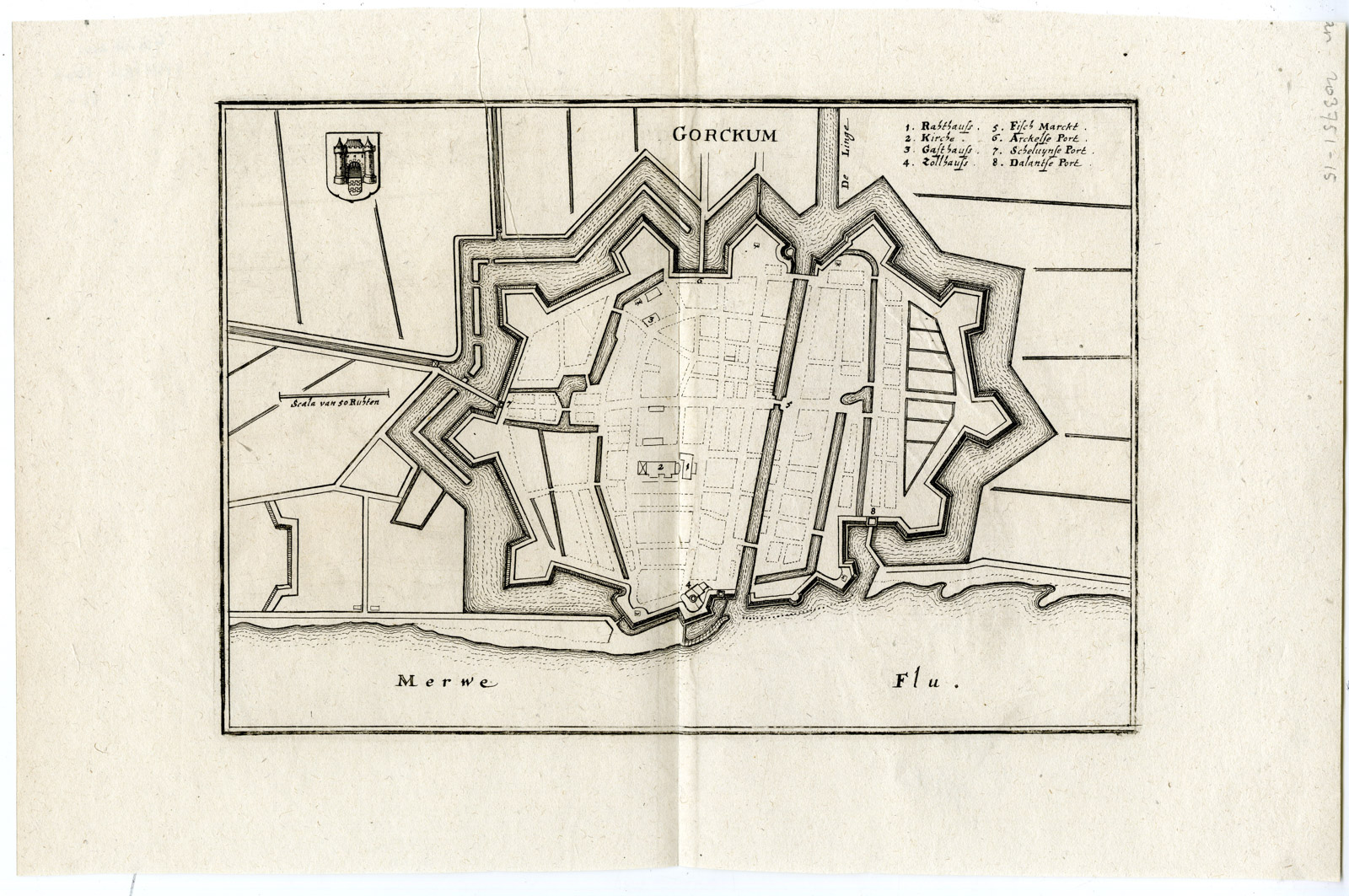 , Antique Map-GORINCHEM-PLAN-FORTIFICATION-GORCKUM-NETHERLANDS-Merian-1660, Pictura Antique Prints