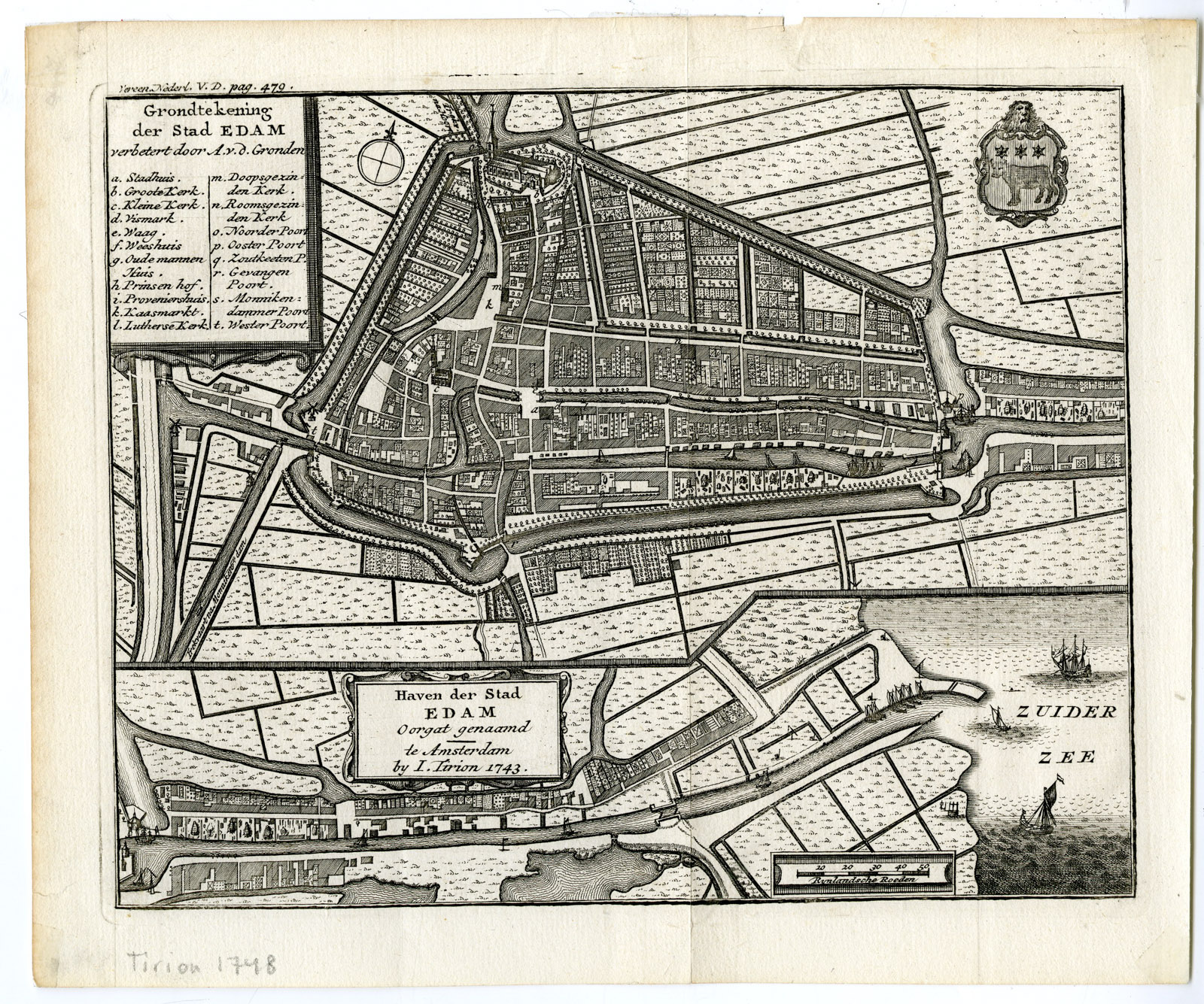 , Antique Map-EDAM-PLAN-NOORD HOLLAND-NETHERLANDS-Tirion-1748, Pictura Antique Prints