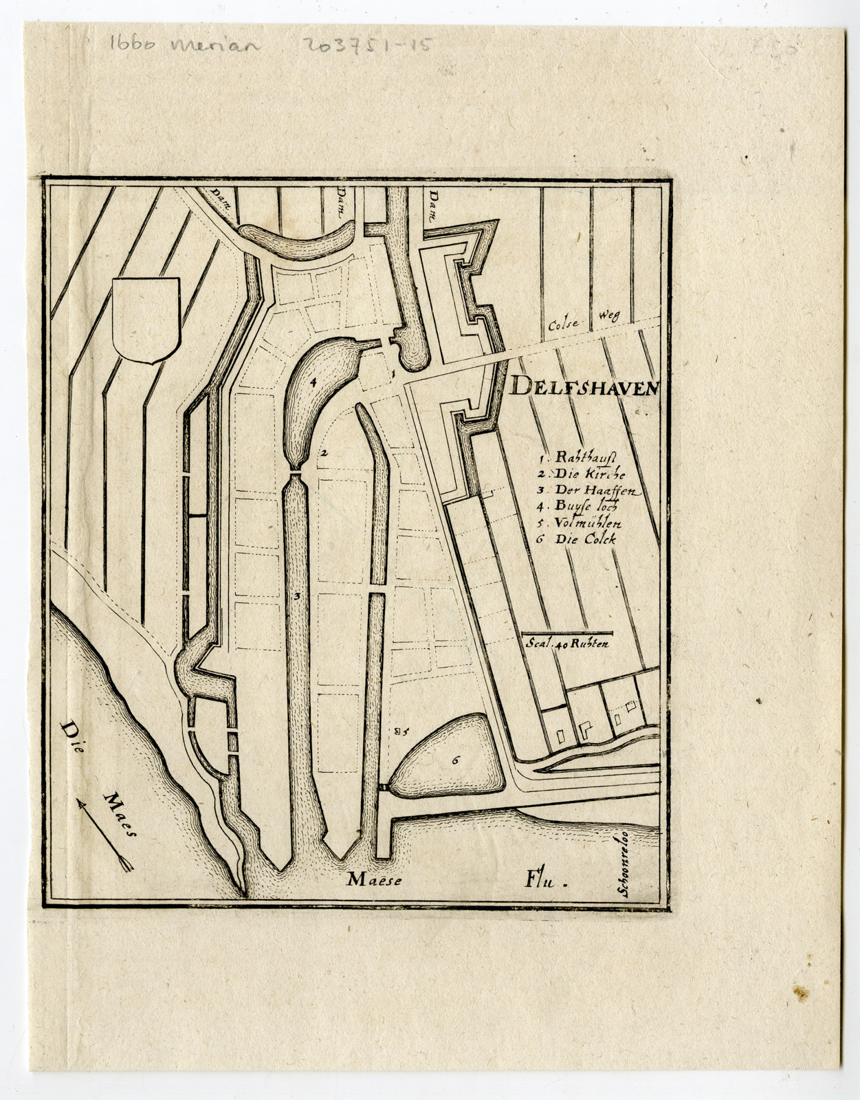 , Antique Print-DELFSHAVEN-ZUID HOLLAND-PLAN-NETHERLANDS-Merian-1660, Pictura Antique Prints