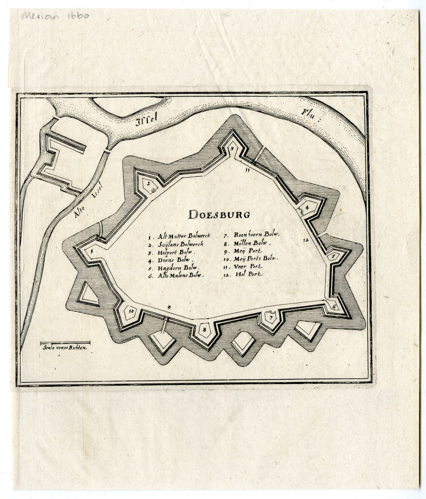 , Antique Print-DOESBURG-GELDERLAND-PLAN-NETHERLANDS-Merian-1660, Pictura Antique Prints