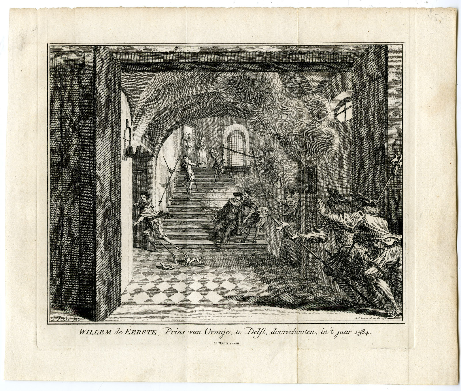 , Antique Print-WILLIAM OF ORANGE-ASSASSINATION-GERARDS-DELFT-Fokke-Tirion-1752, Pictura Antique Prints