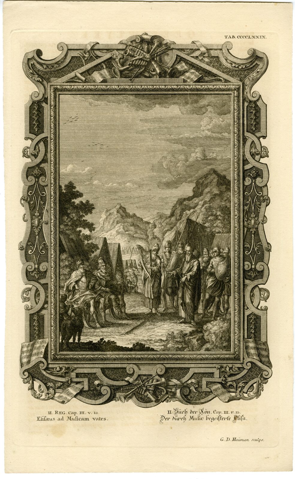 , Antique Print-OLD TESTAMENT-ELISHA-KING OF ISRAEL-MINSTREL-Scheuchzer-1731, Pictura Antique Prints