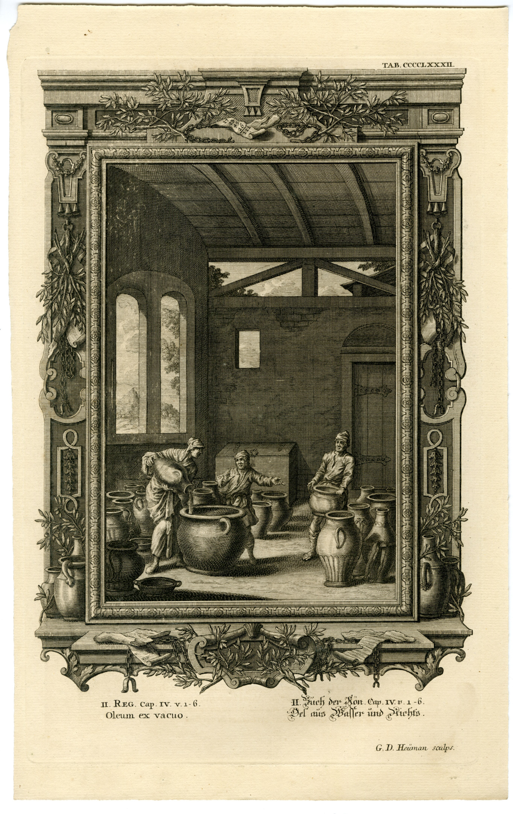 , Antique Print-OLD TESTAMENT-ELISHA-OLIVE OIL-WIDOW-Heumann-Scheuchzer-1731, Pictura Antique Prints
