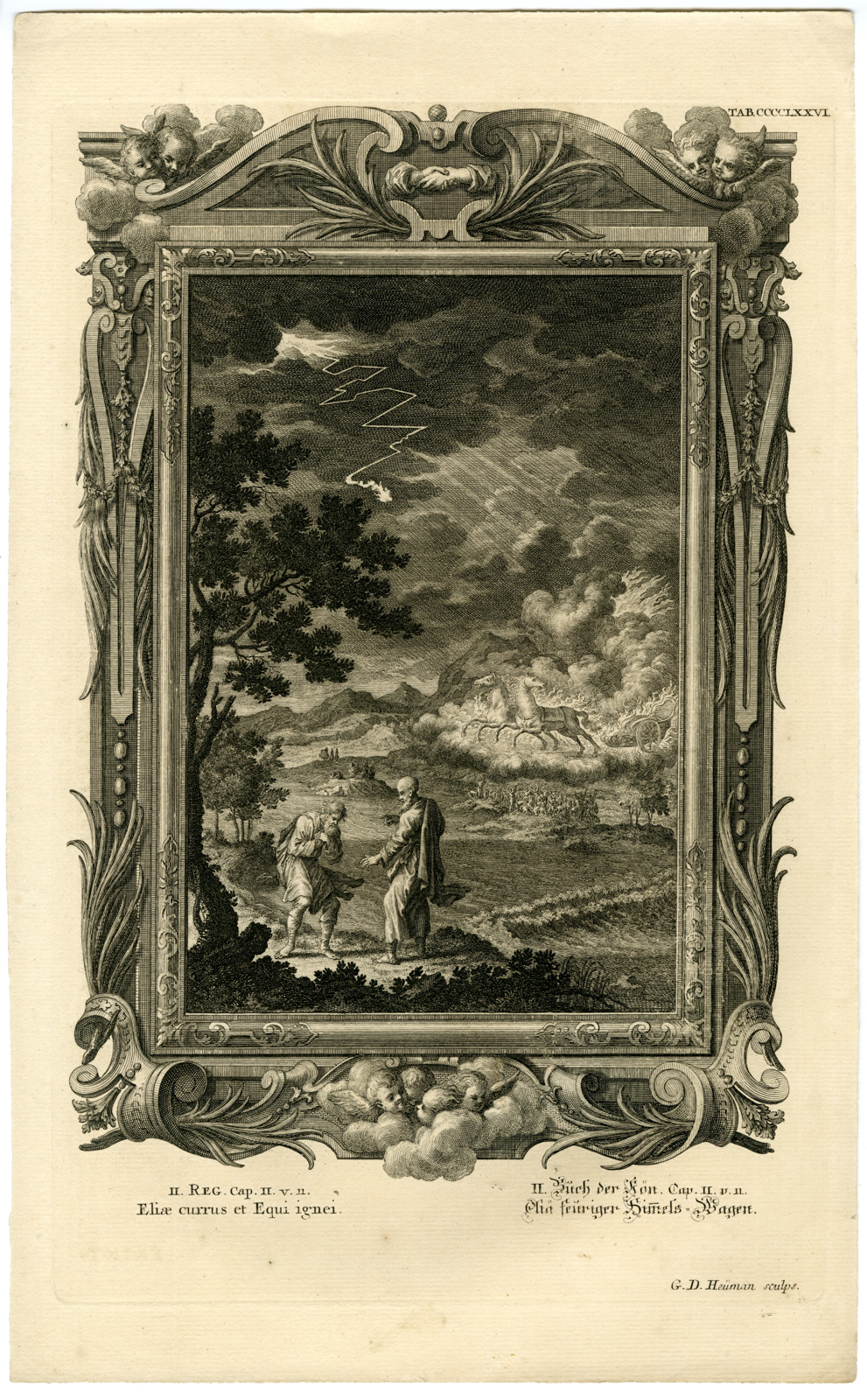 , Antique Print-OLD TESTAMENT-ELIJAH AND THE CHARIOT OF FIRE-Scheuchzer-1731, Pictura Antique Prints