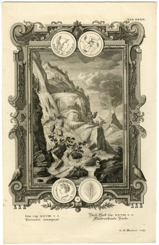 Antique Print-OLD TESTAMENT-FLOODING-ERUPTING VOLCANO-Heumann-Scheuchzer-1731