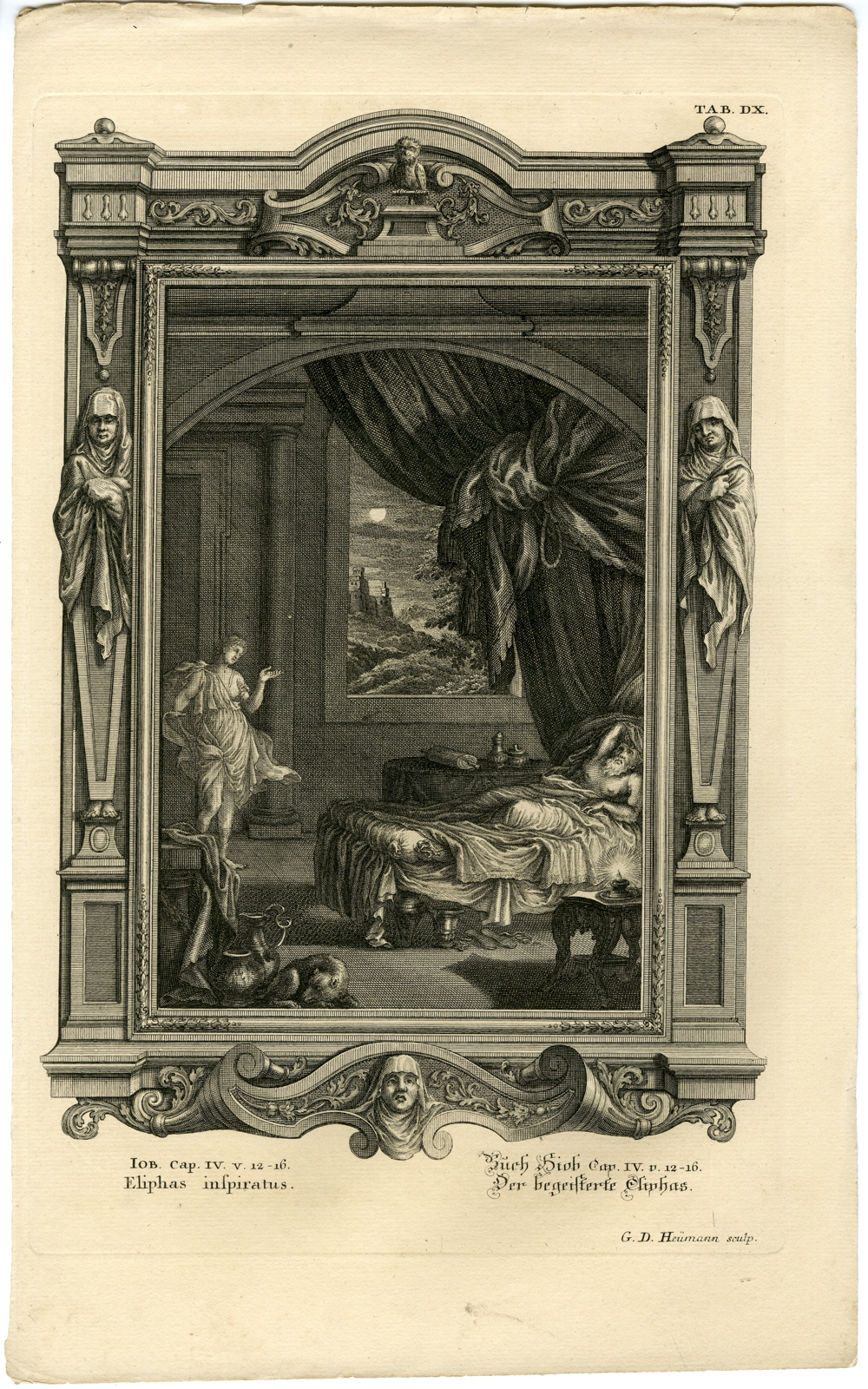 , Antique Print-OLD TESTAMENT-ELIPHAZ VISITED BY A SPIRIT-Heumann-Scheuchzer-1731, Pictura Antique Prints