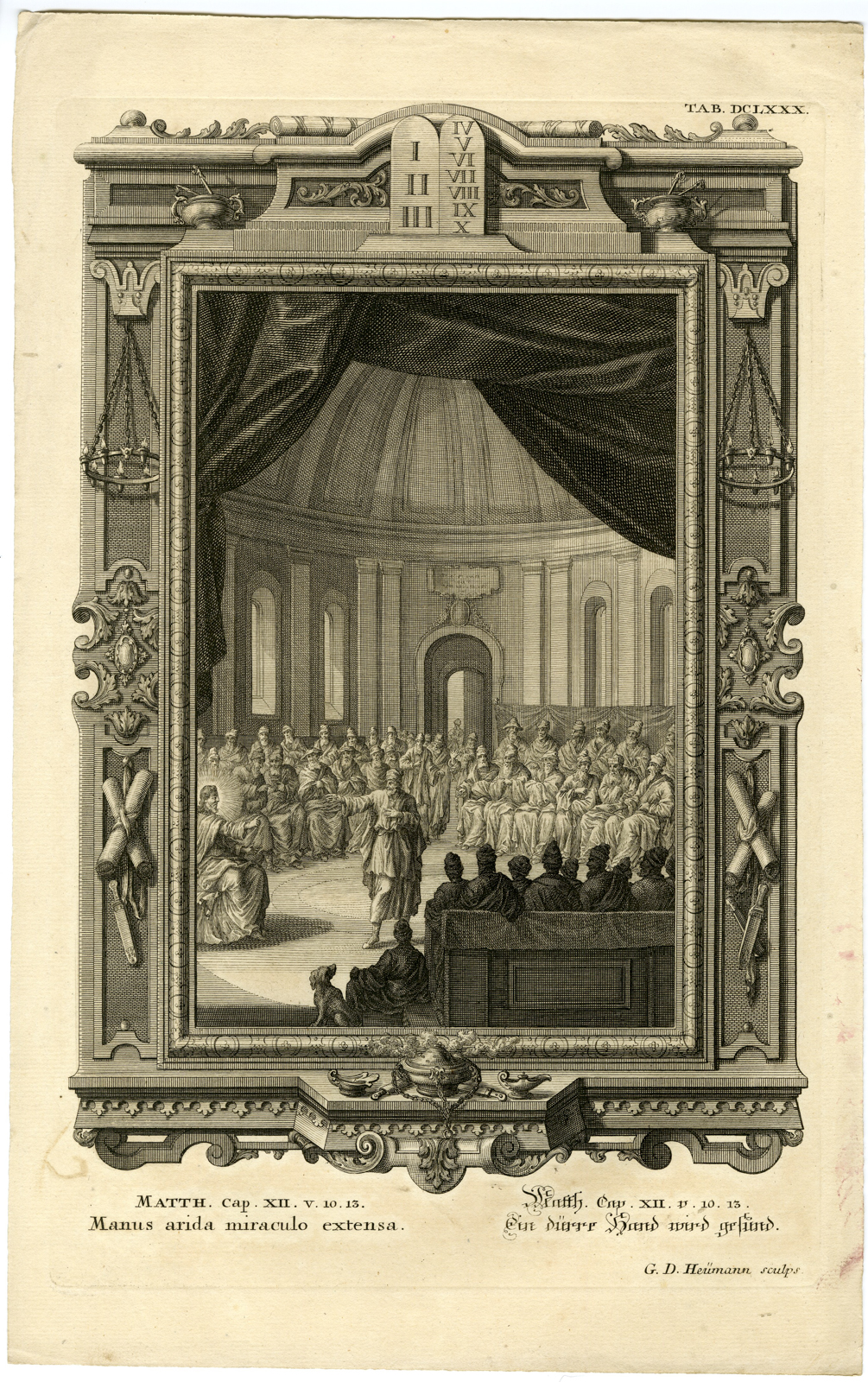 , Antique Print-NEW TESTAMENT-JESUS-HEALING-HAND-SABBATH-Heumann-Scheuchzer-1731, Pictura Antique Prints