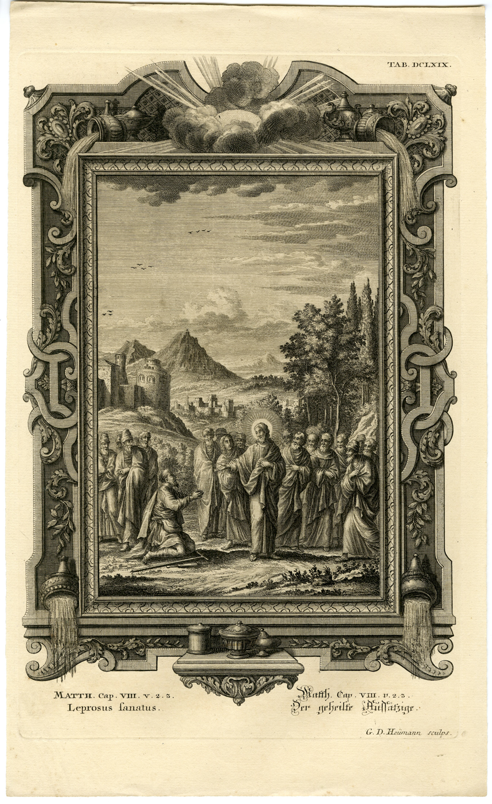 , Antique Print-NEW TESTAMENT-JESUS-HEALING-LEPER-Heumann-Scheuchzer-1731, Pictura Antique Prints