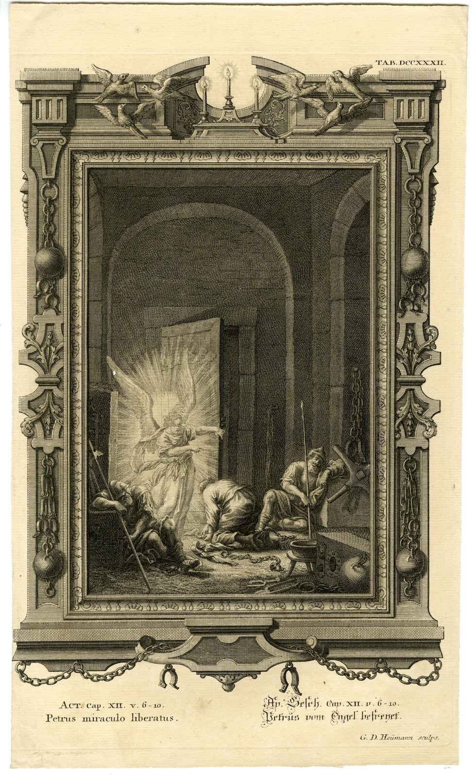 , Antique Print-NEW TESTAMENT-PETER LIBERATED BY AN ANGEL-Heumann-Scheuchzer-1731, Pictura Antique Prints