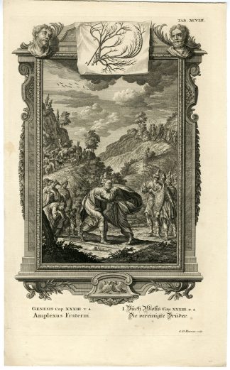 Antique Print-OLD TESTAMENT-GENESIS-ESAU EMBRACES JACOB-Heumann-Scheuchzer-1731