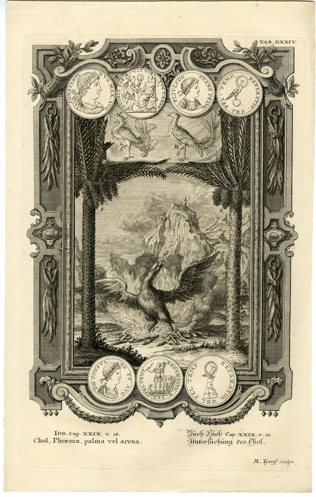 , Antique Print-OLD TESTAMENT-JOB-PHOENIX-FLAMES-NEST-Tyroff-Scheuchzer-1731, Pictura Antique Prints