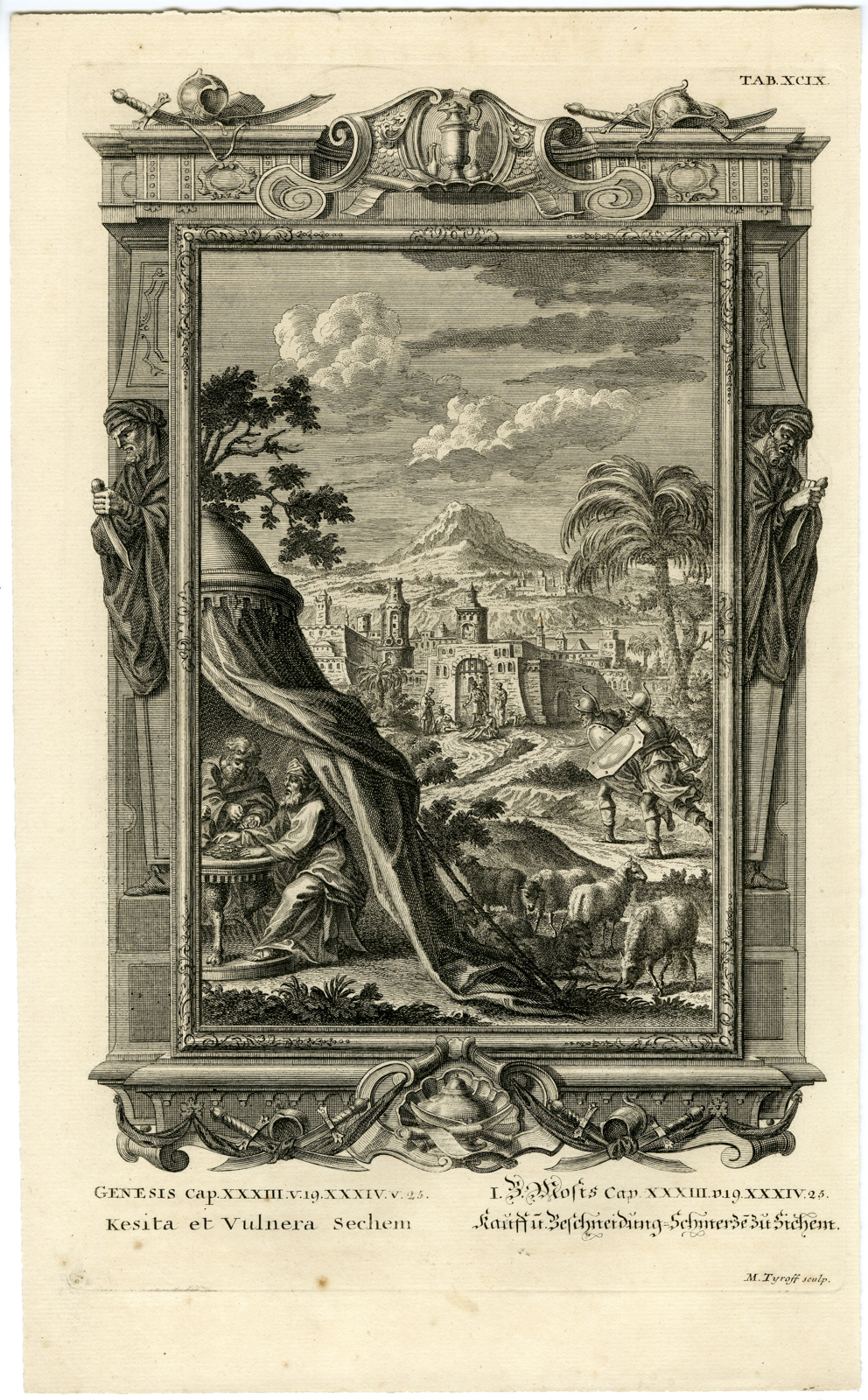 , Antique Print-OLD TESTAMENT-JACOB-100 PIECES OF SILVER-SHECHEM-Scheuchzer-1731, Pictura Antique Prints