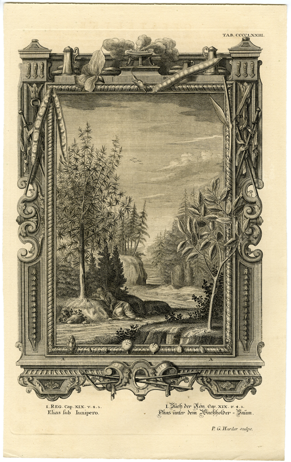 , Antique Print-OLD TESTAMENT-ELIJAH RESTING UNDER JUNIPER-Harder-Scheuchzer-1731, Pictura Antique Prints