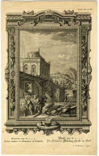 Antique Print-NEW TESTAMENT-JESUS-BIRTH-ADORATION-STABLE-Scheuchzer-1731
