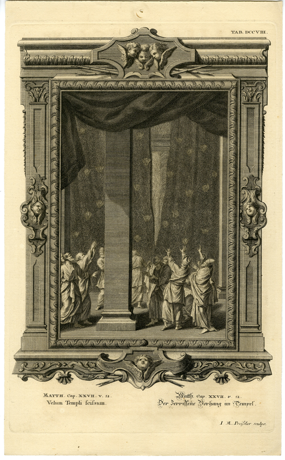, Antique Print-NEW TESTAMENT-MATTHEW-TEMPLE-EARTHQUAKE-Preissler-Scheuchzer-1731, Pictura Antique Prints